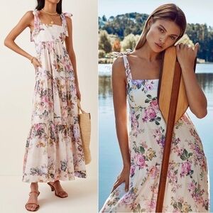 NWT HOUSE OF HARLOW Maxi Dress‎ Linen Tiered Tie Strap Vintage Floral Print Sz S